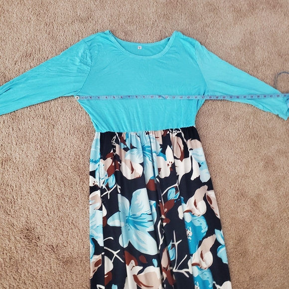 WNEEDU L aqua blue quarter sleeve scoopneck maxi floral skirt pockets - Picture 9 of 10